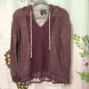 🛍️NO COMMENT Purple Women’s LS V-Neck Pullover Hoodie with Lacy Front & Hem~Med